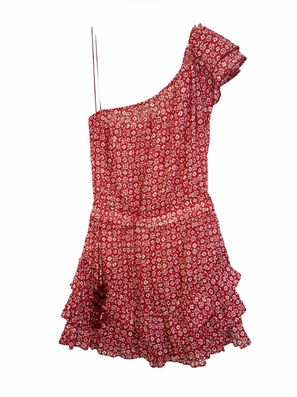 Poupette St Barth Kaia Mini Red One-Shoulder Ruffle Tiered Dress